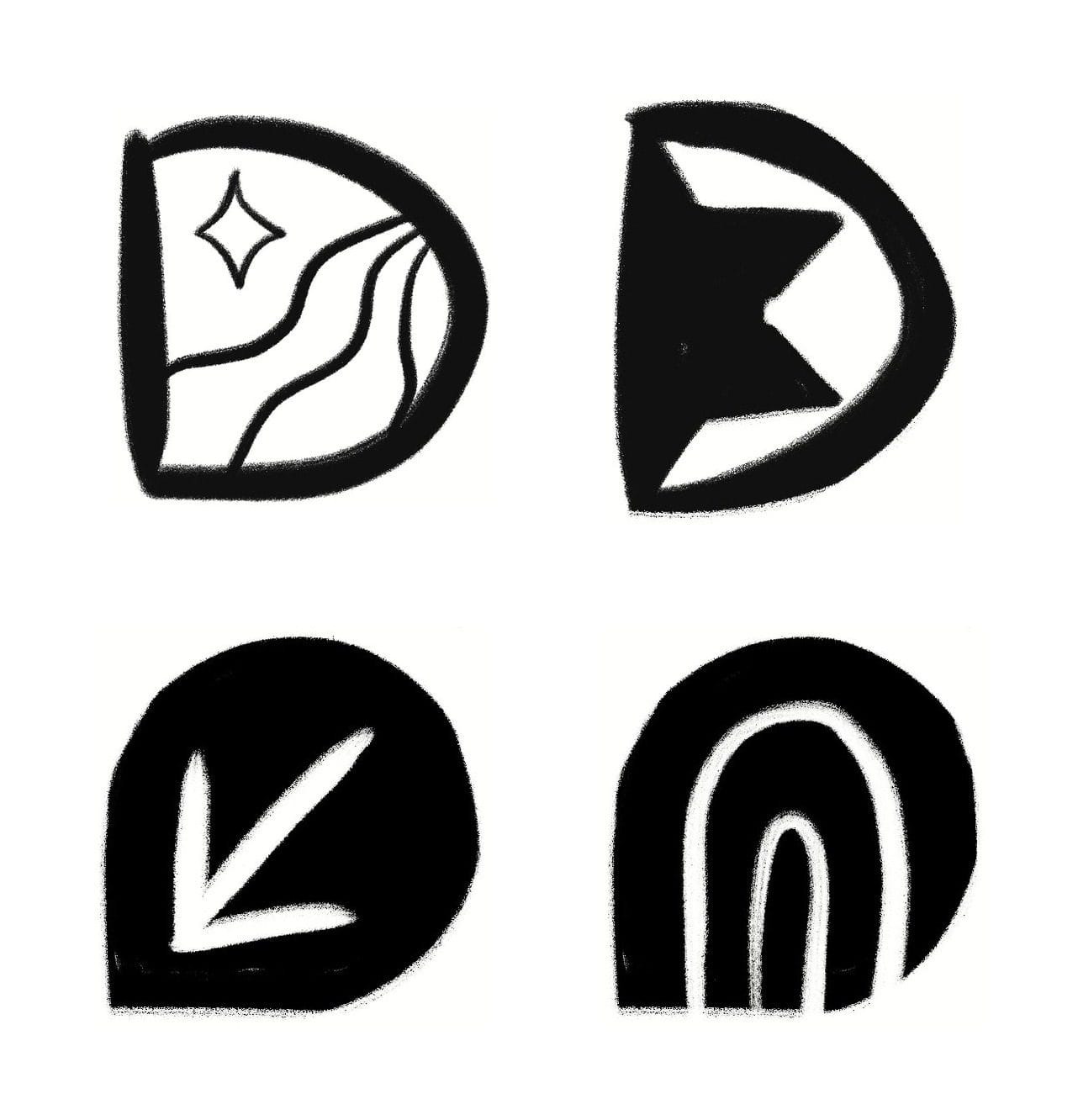 Four hand-drawn Discover Israel with Daniella sketches in black brush: a D with a star and a winding road, a D with a notched arrow shape, a rounded blob with an arrow pointing down and left, and a thick arch with two lines inside it